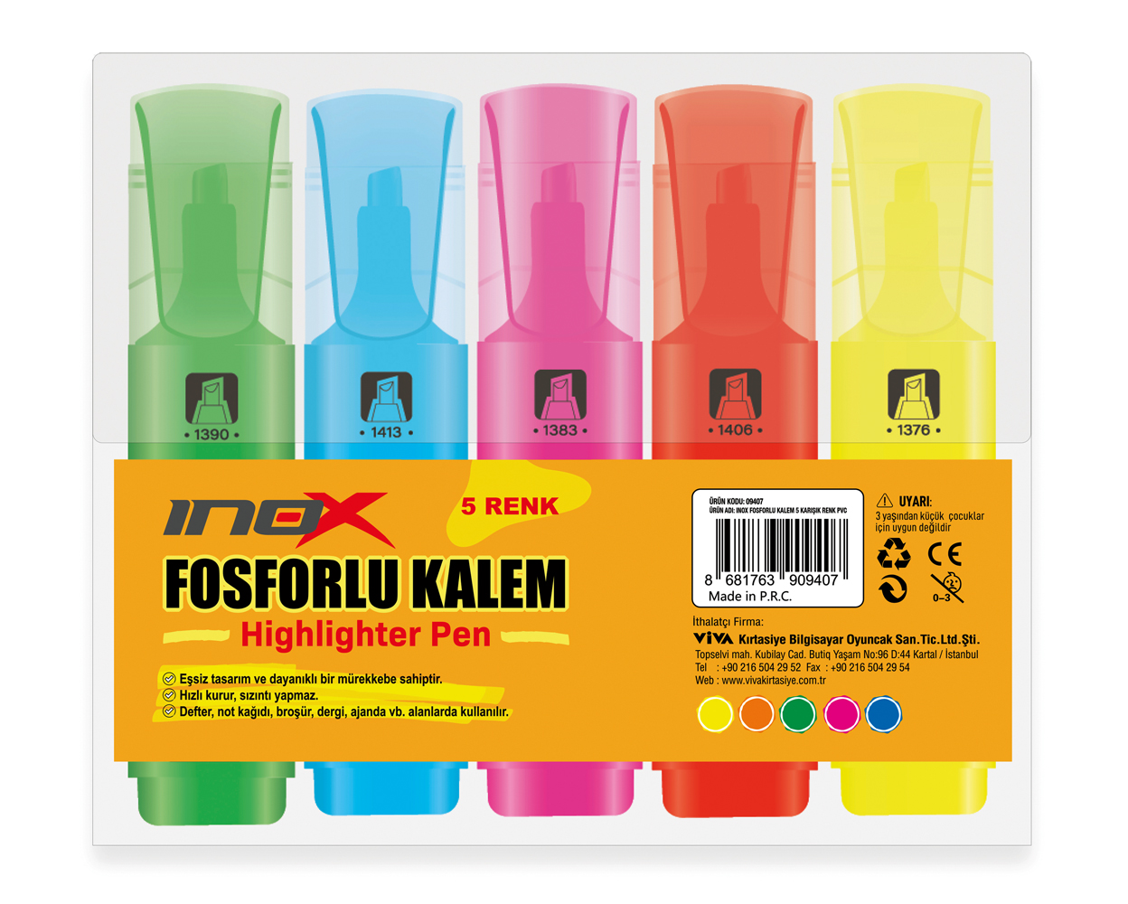 Fosforlu Kalem - PVC Paket - 5 Karışık Renk